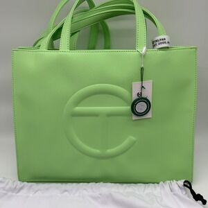 Telfar Medium Shopping Bag Lime Green Vegan Leather Tote Logo Handbag NEW